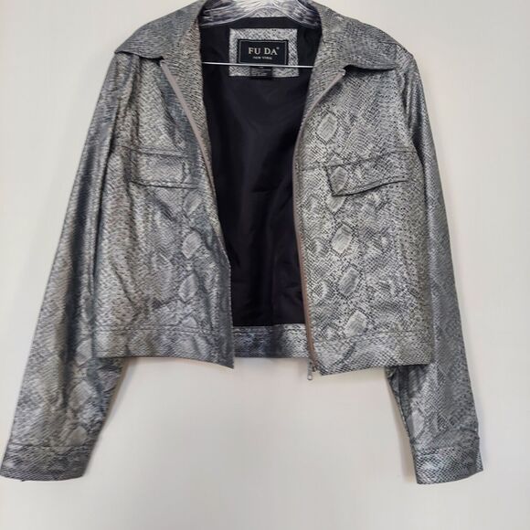 FU DA Women's Silver Gray Jacket Medium Snake Skin Full Zip Vegan Leather - Picture 6 of 11